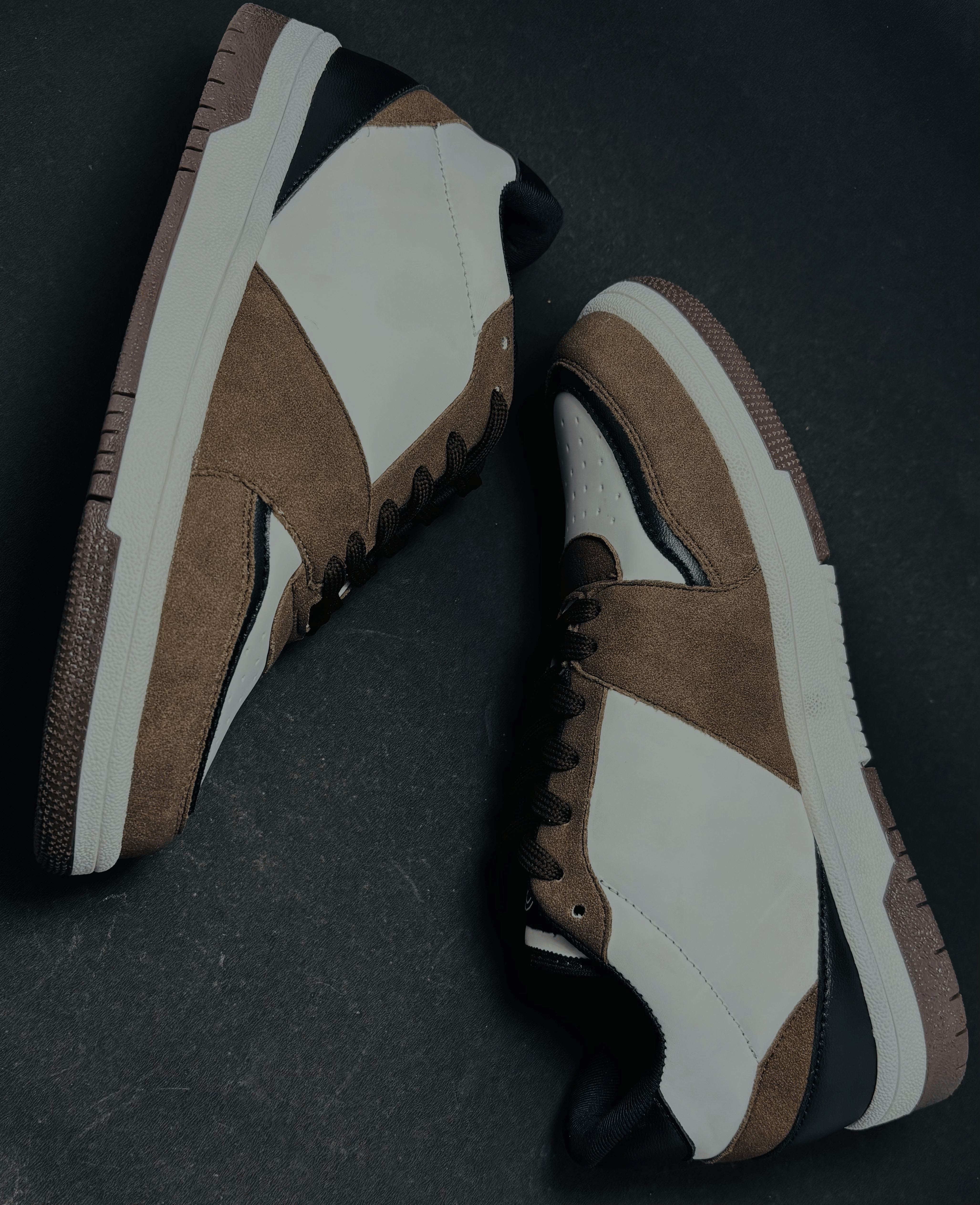 Mocha and white streetwear sneakers with premium comfort, everyday durability, and a bold statement look for men.