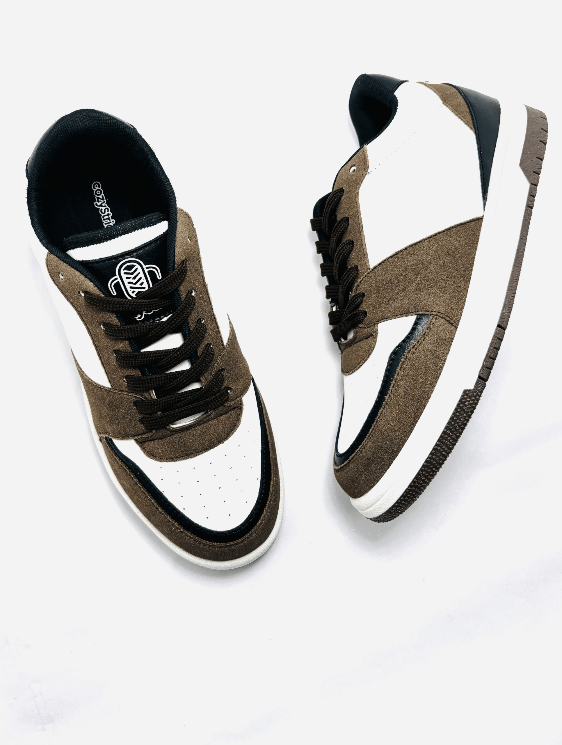 Mocha and white streetwear sneakers with premium comfort, everyday durability, and a bold statement look for men.