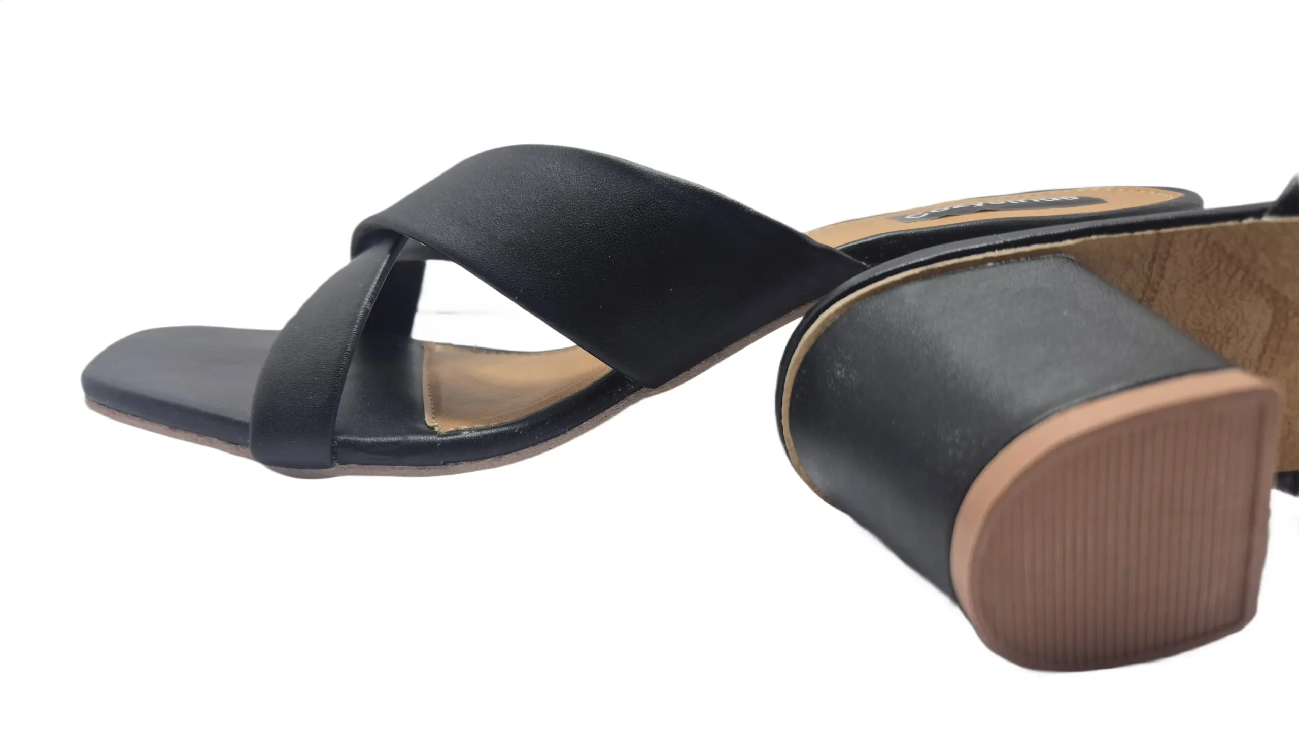 Close-Up of CozyStride Black Twist Strap Heels – Premium Finish